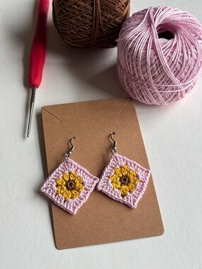 Handmade Pink Crochet Sunflower Dangle Earrings